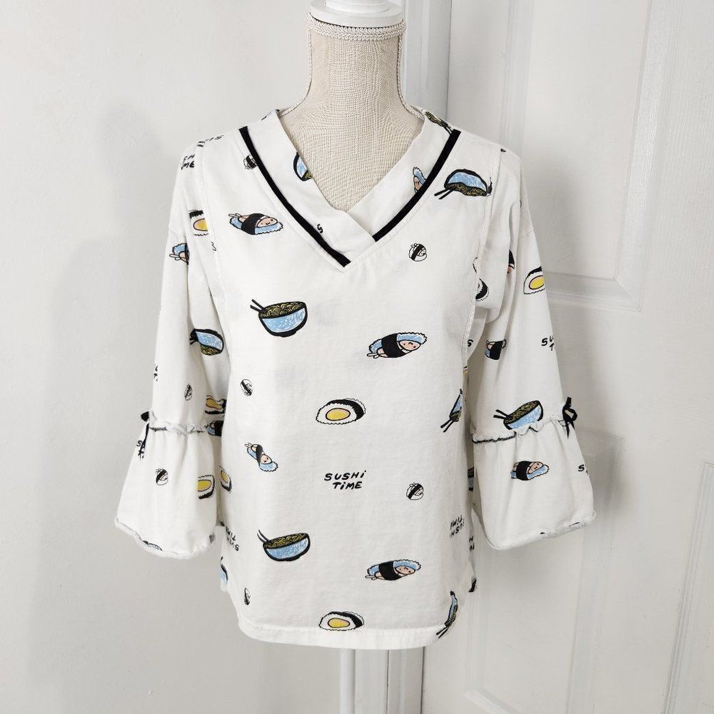 Sushi Time Top Womens Large White Bell Sleeves Novelty Print Ramen Noodles Roll